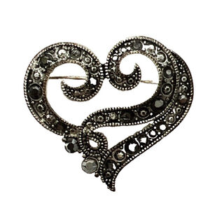Vintage Faux Marcasite Style Heart Pin Brooch Black Silver Tone Valentine